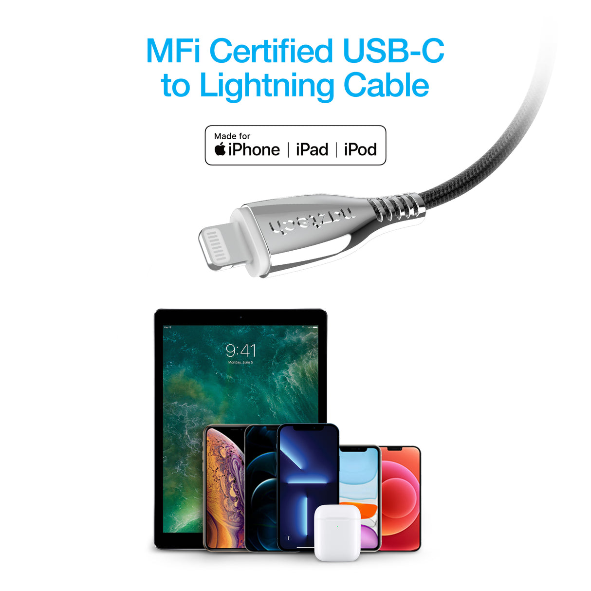 TITANIUM USB-C to MFi Lightning Braided Fast Charge Cable 6ft Black