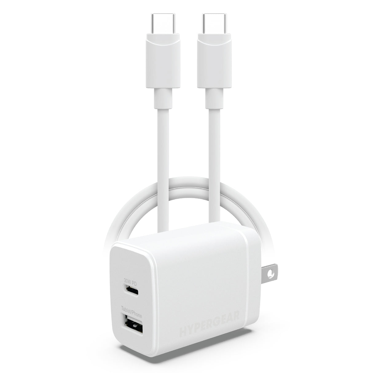 HyperGear Basics | 30W USB-C PD + USB Fast Wall Charger | 4ft USB-C Cable | White
